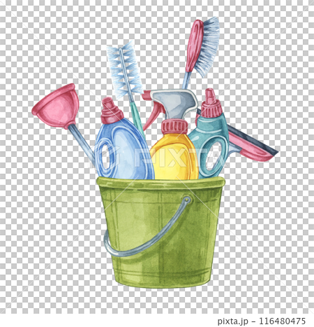 A green bucket with arranged cleaning supplies like spray bottles, brushes, plunger and a window squeegee. Clipart for housekeeping manuals, DIY cleaning projects, and home organization blogs A green bucket with arranged cleaning supplies like spray bottles, brushes, plunger and a window squeegee. Clipart for housekeeping manuals, DIY cleaning projects, and home organization blogs 116480475