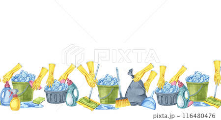 Cleaning scene with hands in yellow rubber gloves. Watercolor seamless border. Dynamic clipart for cleaning services, housekeeping businesses, digital content, website banners, promotional flyers 116480476