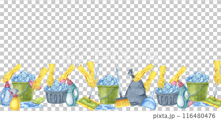 Cleaning scene with hands in yellow rubber gloves. Watercolor seamless border. Dynamic clipart for cleaning services, housekeeping businesses, digital content, website banners, promotional flyers 116480476