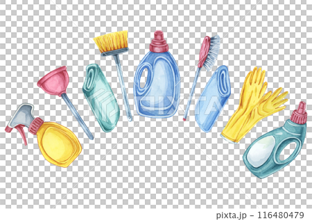 Variety of cleaning supplies including spray bottles, gloves, plunger, broom and scrub brush. Watercolor clipart for use in cleaning service brochures, product packaging, and home cleaning guides. Variety of cleaning supplies including spray bottles, gloves, plunger, broom and scrub brush. Watercolor clipart for use in cleaning service brochures, product packaging, and home cleaning guides. 116480479