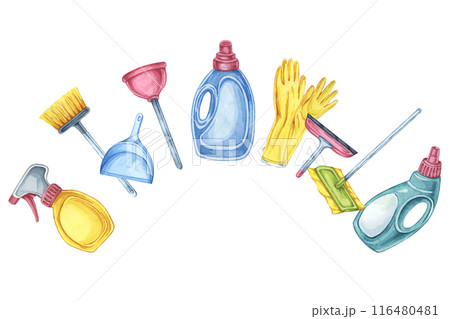 Collection of cleaning supplies as bottles, gloves, squeegee, dustpan, broom and mop in a semi-circle. Clipart for illustrating cleaning tutorials, product catalogues, and seasonal cleaning campaigns 116480481