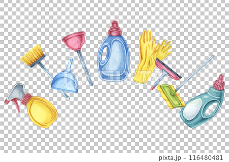 Collection of cleaning supplies as bottles, gloves, squeegee, dustpan, broom and mop in a semi-circle. Clipart for illustrating cleaning tutorials, product catalogues, and seasonal cleaning campaigns 116480481