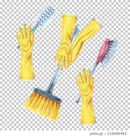 Set of hands in rubber gloves holding broom and dusting and scrubbing brushes. Watercolor illustration of cleaning utensils for bathroom, kitchen, home. Clipart for housekeeping, janitorial service, 116480483
