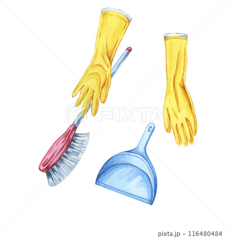 Hands in yellow rubber gloves with sweebing brush and dustpan. Watercolor illustration of household cleaning utensils. Clipart for home maintenance, housekeeping, janitorial or maid service, flyer Hands in yellow rubber gloves with sweebing brush and dustpan. Watercolor illustration of household cleaning utensils. Clipart for home maintenance, housekeeping, janitorial or maid service, flyer 116480484