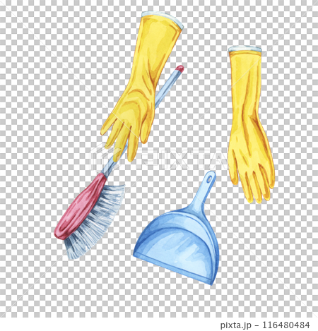 Hands in yellow rubber gloves with sweebing brush and dustpan. Watercolor illustration of household cleaning utensils. Clipart for home maintenance, housekeeping, janitorial or maid service, flyer Hands in yellow rubber gloves with sweebing brush and dustpan. Watercolor illustration of household cleaning utensils. Clipart for home maintenance, housekeeping, janitorial or maid service, flyer 116480484