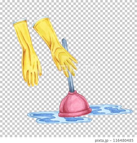 Plunger for clog removal and hands in yellow rubber gloves. Watercolor illustration of household cleaning utensils. Clipart for home maintenance, housekeeping, janitorial or maid service, flyer 116480485