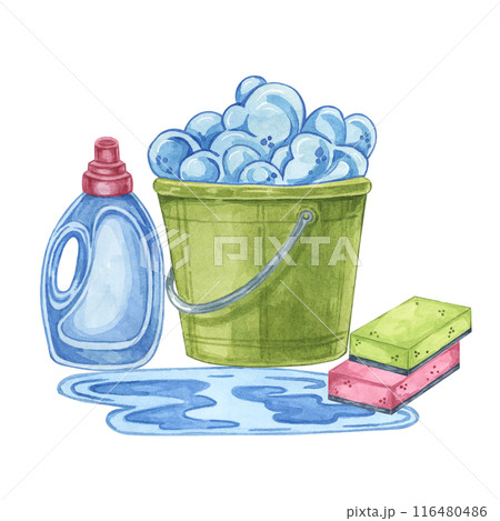 Bucket with soap foam, cleaning liquids, stain removers, sponges. Watercolor illustration of household cleaning utensils. Clipart for home maintenance, housekeeping, janitorial or maid service, flyer Bucket with soap foam, cleaning liquids, stain removers, sponges. Watercolor illustration of household cleaning utensils. Clipart for home maintenance, housekeeping, janitorial or maid service, flyer 116480486