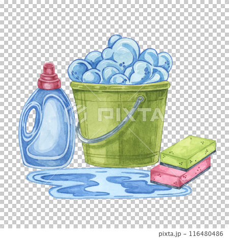Bucket with soap foam, cleaning liquids, stain removers, sponges. Watercolor illustration of household cleaning utensils. Clipart for home maintenance, housekeeping, janitorial or maid service, flyer Bucket with soap foam, cleaning liquids, stain removers, sponges. Watercolor illustration of household cleaning utensils. Clipart for home maintenance, housekeeping, janitorial or maid service, flyer 116480486