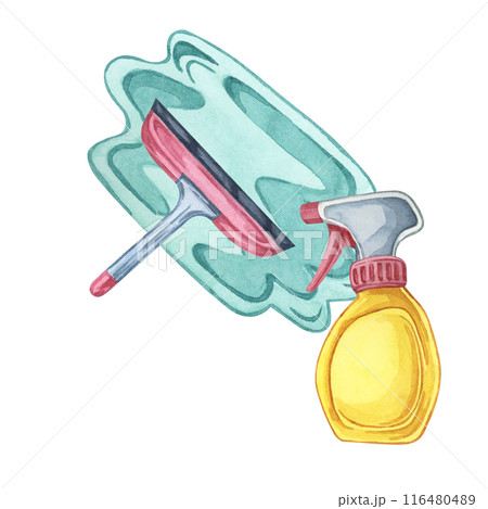 Spray bottle and squeegee for window cleaning task or shower. Watercolor illustration of household cleaning utensils. Clipart for home maintenance, housekeeping, janitorial or maid service, flyer 116480489
