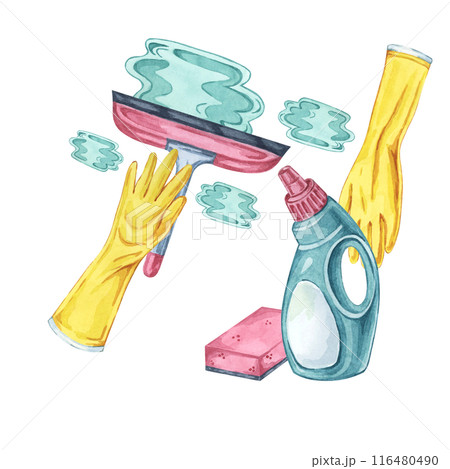 Spray bottle and squeegee for window cleaning task or shower with rubber gloves. Watercolor illustration of household cleaning utensils. Clipart for home maintenance, housekeeping, janitorial service 116480490