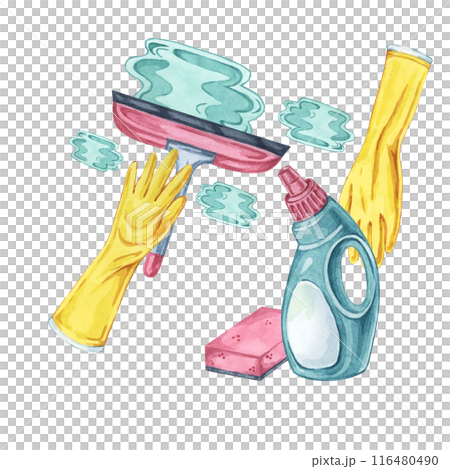 Spray bottle and squeegee for window cleaning task or shower with rubber gloves. Watercolor illustration of household cleaning utensils. Clipart for home maintenance, housekeeping, janitorial service Spray bottle and squeegee for window cleaning task or shower with rubber gloves. Watercolor illustration of household cleaning utensils. Clipart for home maintenance, housekeeping, janitorial service 116480490