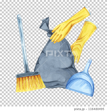 Black trash bag, dustpan, broom and hands in yellow rubber gloves. Watercolor illustration of household cleaning utensils. Clipart for garbage collection, housekeeping, janitorial service, flyers 116480495
