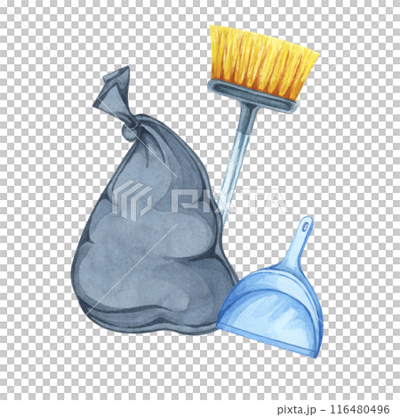 Black trash bag, blue dustpan and sweeping floor brush or broom. Watercolor illustration of household cleaning utensils. Clipart for garbage collection, housekeeping, janitorial service, flyers 116480496