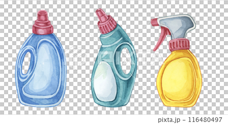 Set of bottles with various detergents in blue, yellow, green colors. Watercolor illustration of cleaning liquids or gel refill container. Clipart for housekeeping, janitorial service, sticker, flyer Set of bottles with various detergents in blue, yellow, green colors. Watercolor illustration of cleaning liquids or gel refill container. Clipart for housekeeping, janitorial service, sticker, flyer 116480497