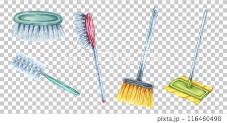 Set of mop, broom and various dusting and scrubbing brushes. Watercolor illustration of cleaning utensils for bathroom, kitchen, home. Clipart for housekeeping, janitorial service, sticker, flyer Set of mop, broom and various dusting and scrubbing brushes. Watercolor illustration of cleaning utensils for bathroom, kitchen, home. Clipart for housekeeping, janitorial service, sticker, flyer 116480498
