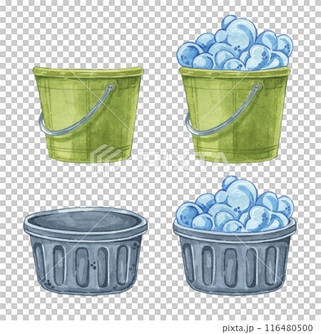 Set of washing buckets, empty and with blue foam. Household cleaning utensil watercolor illustration. Clipart for housekeeping, janitorial services, sticker, flyer, spring cleaning and posters Set of washing buckets, empty and with blue foam. Household cleaning utensil watercolor illustration. Clipart for housekeeping, janitorial services, sticker, flyer, spring cleaning and posters 116480500
