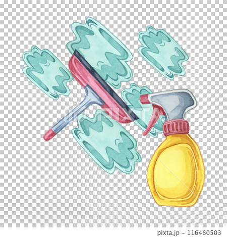 Spray bottle and squeegee for window cleaning task or shower. Watercolor illustration of household cleaning utensils. Clipart for home maintenance, housekeeping, janitorial or maid service, flyer 116480503