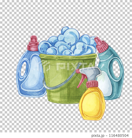 Bucket with soap foam, cleaning liquids, stain removers, sponges. Watercolor illustration of household cleaning utensils. Clipart for home maintenance, housekeeping, janitorial or maid service, flyer 116480504