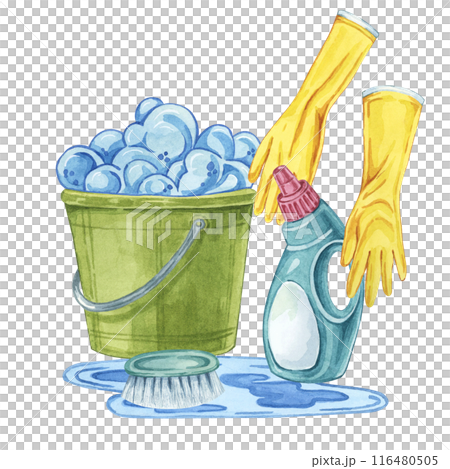 Bucket, rubber gloves, cleaning solution or detergent bottle. Watercolor illustration of household cleaning utensils. Clipart for home maintenance, housekeeping, janitorial or maid service, flyer 116480505