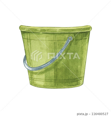 Green mop bucket designed with sturdy metal handle. Household cleaning utensil watercolor illustration. Clipart for housekeeping, janitorial services, sticker, flyer, spring cleaning and posters 116480527