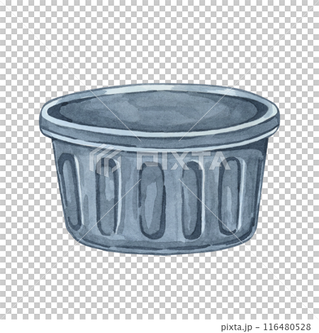 Grey empty trash bin or plastic laundry bucket. Household Cleaning utensil watercolor illustration. Clipart for housekeeping, janitorial services, sticker, flyer, spring cleaning and posters 116480528