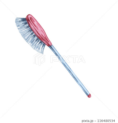 Pink brush with white bristles and long handle. Cleaning utensil, dusting brush watercolor illustration. Clipart for housekeeping, janitorial services, sticker, flyer, spring cleaning and posters Pink brush with white bristles and long handle. Cleaning utensil, dusting brush watercolor illustration. Clipart for housekeeping, janitorial services, sticker, flyer, spring cleaning and posters 116480534