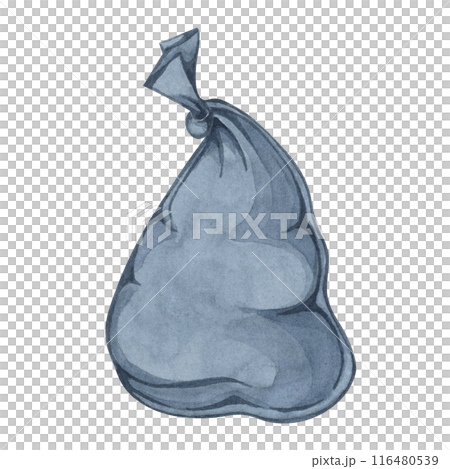 Black plastic trash bag, full litter sack watercolor illustration. Household rubbish, garbage cleaning, waste management. Clipart for housekeeping, janitorial services, sticker, flyer, and posters 116480539