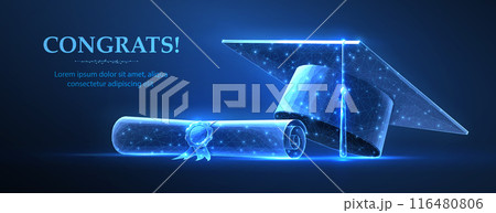 Graduation Cap with Degree on blue. Graduate student, graduation celebration Graduation Cap with Degree on blue. Graduate student, graduation celebration 116480806