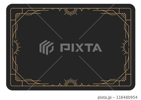 Tarot style frame with decorative border, banner with magic pattern, reverse side of tarot cards with mystic elements, vector 116480954