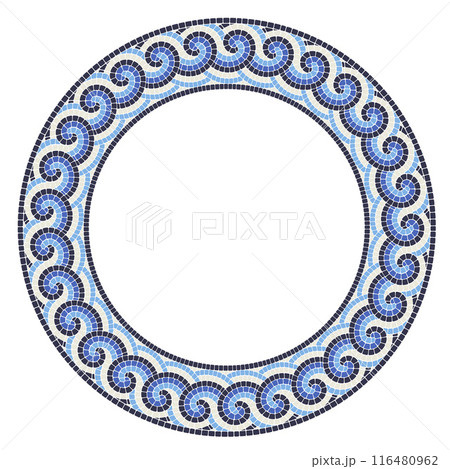 Round mosaic frame with sea wave curls in portuguese style, circle border decor with greek ornament, vector Round mosaic frame with sea wave curls in portuguese style, circle border decor with greek ornament, vector 116480962