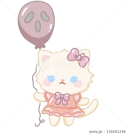 Hand drawn illustration kawaii cute pastel white cat kitten holding a ghost balloon 116481246