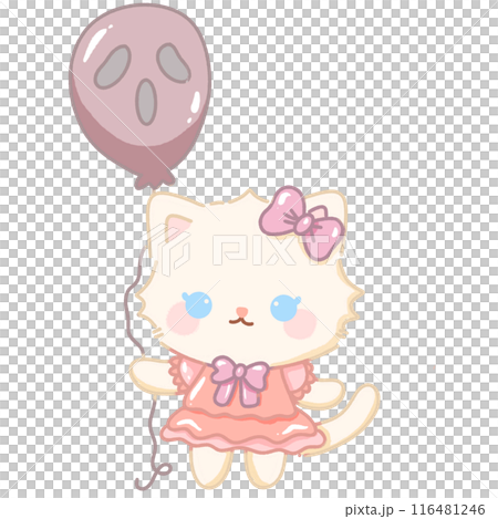 Hand drawn illustration kawaii cute pastel white cat kitten holding a ghost balloon 116481246