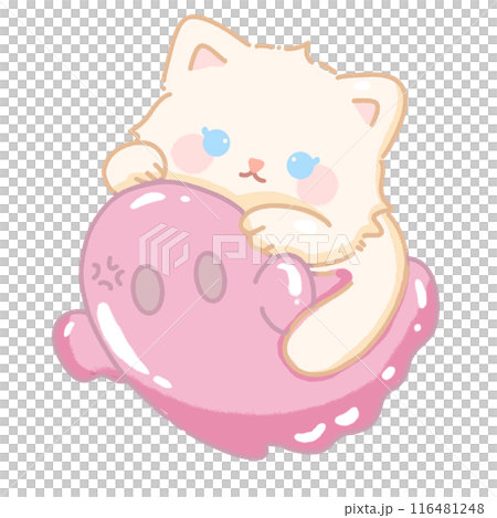 Hand drawn illustration kawaii cute pastel white cat kitten hugging a pink ghost 116481248