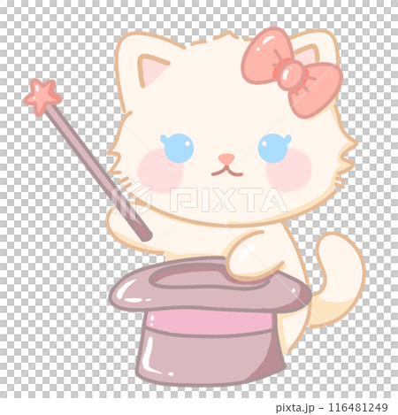Hand drawn illustration kawaii cute pastel white cat kitten holding a wand and a magic top hat 116481249