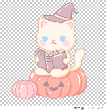 Hand drawn illustration kawaii cute pastel white cat kitten sitting a pumpkin reading a book wearing witch's hat 116481254