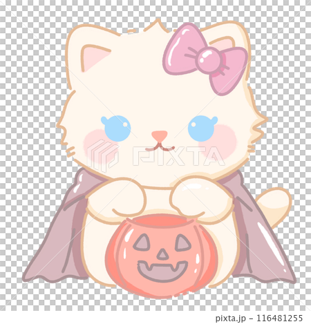 Hand drawn illustration kawaii cute pastel white cat kitten holding a jack of lantern 116481255