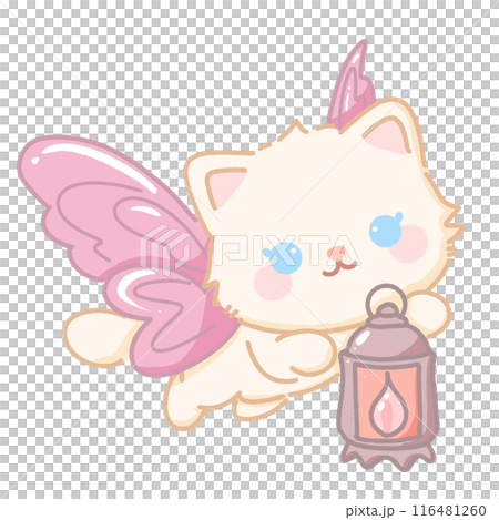 Hand drawn illustration kawaii cute pastel white cat kitten having pink butterfly wings flying and holding a lantern 116481260