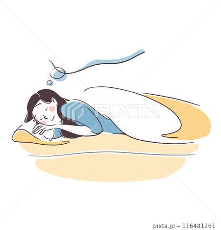 夢を見ながら眠る女性のシンプル手描きイラスト 116481261