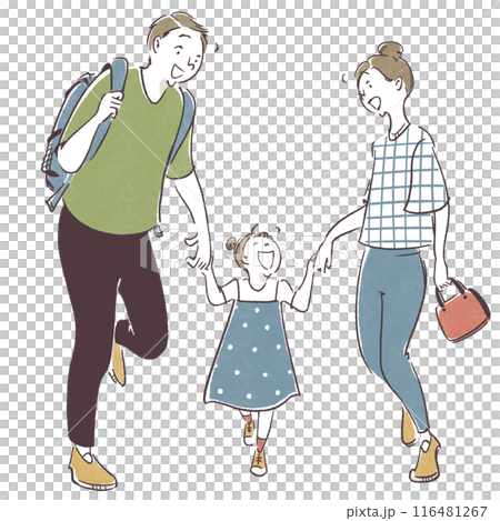 夏に手を繋いで歩く3人家族の全身シンプル手描きイラスト 夏に手を繋いで歩く3人家族の全身シンプル手描きイラスト 116481267