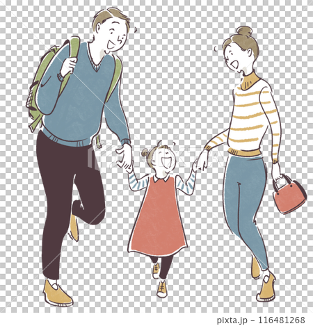 A simple hand-drawn illustration of a family of three walking hand in hand 116481268