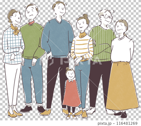 Simple hand-drawn illustration of a three-generation family photo of both families 116481269