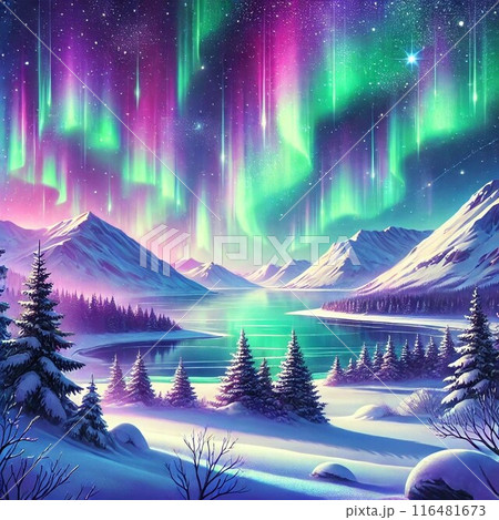 オーロラの見える景色、オーロラ鑑賞、世界のイラスト素材 [116481673