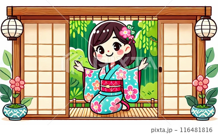古民家の縁側で涼む女の子 116481816