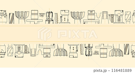 Mechanical engineering drawings on sepia background. Tap tools, borer. Technical Design. Cover. Blueprint. Seamless pattern. Vector illustration. 116481889