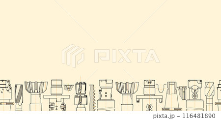 Mechanical engineering drawings on sepia background. Tap tools, borer. Technical Design. Cover. Blueprint. Seamless pattern. Vector illustration. Mechanical engineering drawings on sepia background. Tap tools, borer. Technical Design. Cover. Blueprint. Seamless pattern. Vector illustration. 116481890