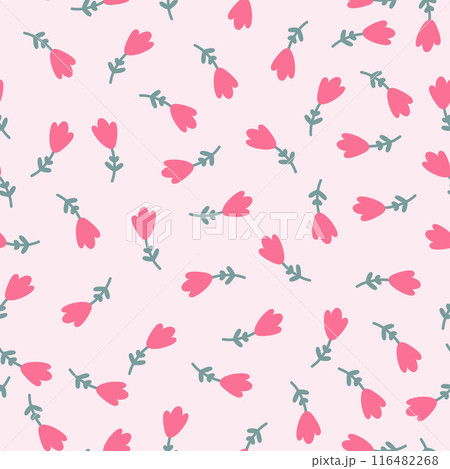 Seamless floral pattern with cute cartoon tulip. Flower branches. Spring or summer print for fabric, wrapping, textile, wallpaper, card, paper gift, phone case, stationery. 116482268