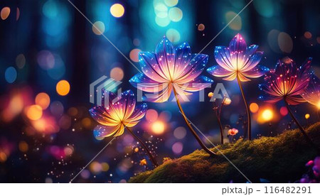 光る花がある幻想的な森の中のイラスト素材 [116482291] - PIXTA