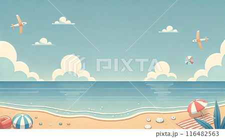 夏の海とビーチと麦わらで泳ぐ麦わら帽子のイラスト 116482563