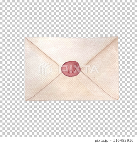 Envelope close with a wax stamp, watercolor illustration isolated on white. Hand drawn high quality simple style art for stationary decor, stickers, cards, notebooks, diary and packages design 116482916