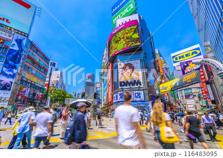 日本の東京都市景観 7月。外国人観光客らで賑わう渋谷駅前や渋谷センター街などを望む。希望の光…＝5日 116483095